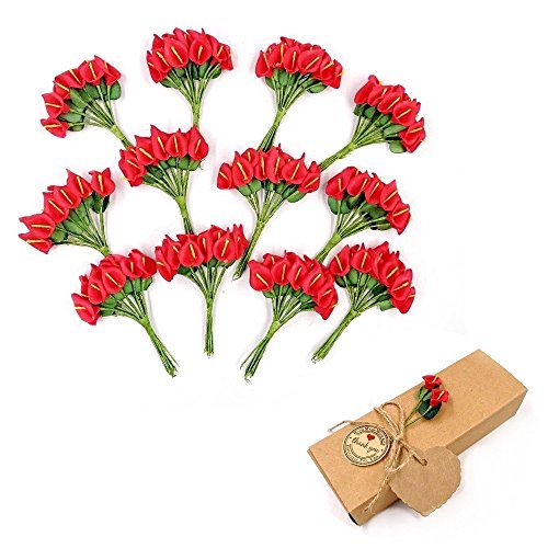 JZK 144 x Rot kleine Calla Lilie künstliche Blumen Mini Schaum Kunstblumen für Handwerk rote künstliche Calla-Lilie Hochzeit Geschenkbox-Dekoration Zubehör, Dekoration für Hochzeit Geburtstag Party von JZK