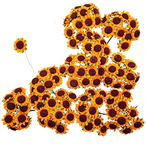 JZK 100 x Gelb Künstliche Plastik Sonnenblumen, Gefälschte Blumen Tischdeko für Hochzeit Party Tisch Scatters Konfetti, DIY Scrapbook Zubehör, Einladung Karte Dekoration von JZK