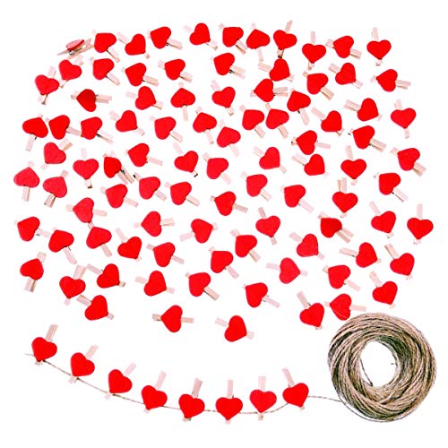 JZK 100x rotes Herz Mini Wäscheklammer aus Holz 3cm + 30m Juteschnur für Hochzeit Party Fotohalter Kartendekoration DIY Dekoration von JZK