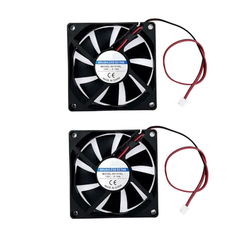 JZK 2 Stück 80 x 80 x 15 mm 2 poliger DC 12 V Mini-Lüfter mit Kabeln, 8015 kleiner Lüfter 80 mm, 8 cm 12 V bürstenloser DC Lüfter, 3D-Druckerlüfter mit Kabel und Stecker von JZK