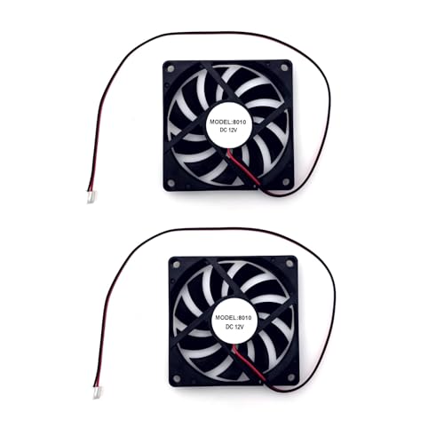 JZK 2 Stück 80x80x10mm DC 12V kleiner Kühllüfter 80mm mit 2 Pin-Leitungen, 4600 rpm, 0.37 A, 8010 kugelgelagerter bürstenloser DC-Lüfter 8cm, 3D-Druckerlüfter, PC-Computergehäuselüfter von JZK