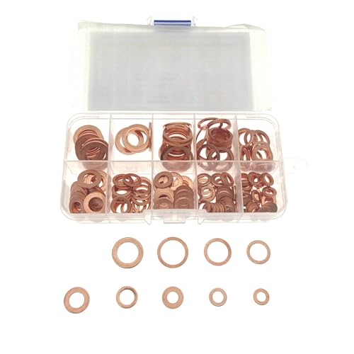 JZK 200 x metrische, sortierte Kupfer-Dichtungsscheiben M5 M6 M8 M10 M12 M14 für Motorrad-Ölablassschraube und Bremse, Metalltüllen-Sortiment-Set von JZK