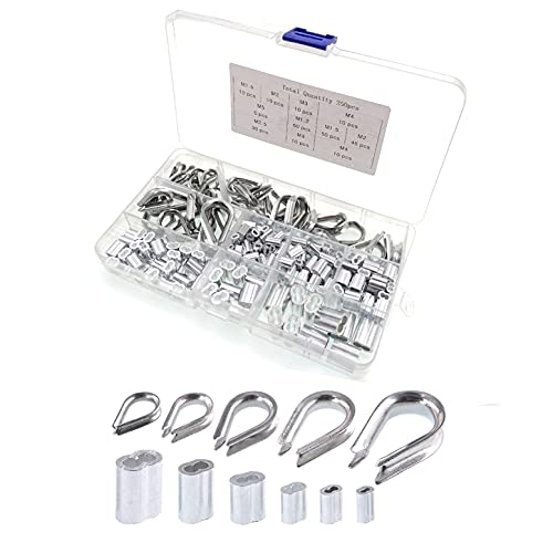 JZK 250 Stück M1.5 M2 M3 M4 M5 Drahtseilkausche Combo und 1.2 mm 1.5 mm 2 mm 2.5 mm 3 mm 4 mm Crimpschleifenhülsen Sortimentskit für die Montage von Drahtseilkauschen von JZK