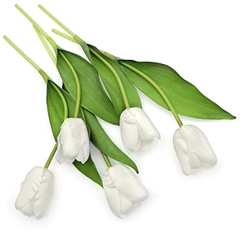 JZK 5 x Echtes Berührungsgefühl, realistische Tulpen künstliche Blumen, lebensechte künstliche Tulpen Bündel, lebendige falsche Tulpe für Blumenarrangement, Hochzeitsdekoration (Weiß) von JZK