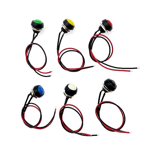 JZK 6 Stück 12mm Druckknopf Taster Wasserdicht Drucktasten Schalter 2-polig EIN/AUS kleiner runder Druckschalter mit Drähten, PBS-33B Sperrloser selbstrückstellender Hupenknopf Klingeltaster von JZK