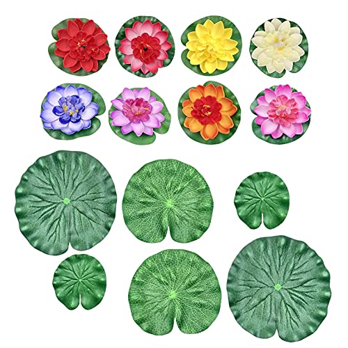 JZK 8 x Multicolor Künstliche Seerosen Pflanzen und 6 x Lilien Pads Blätter Kleine Schaum Lotus Künstliche Teichblumen Fake Schwimmende Blumen für Wasserspiele Koiteich Gartenbrunnen von JZK