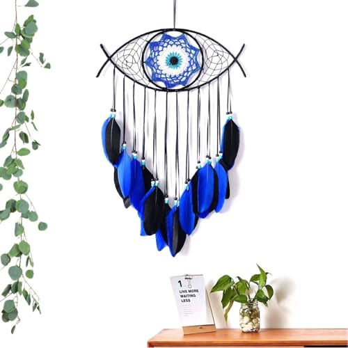 JZK Evil Eye Schwarz Traumfänger Blau Feder Traumfänger mit Perlen für Schlafzimmer Dekoration Wandbehang Ornament Gothic Geschenk Teufel Auge Makramee Traumfänger von JZK