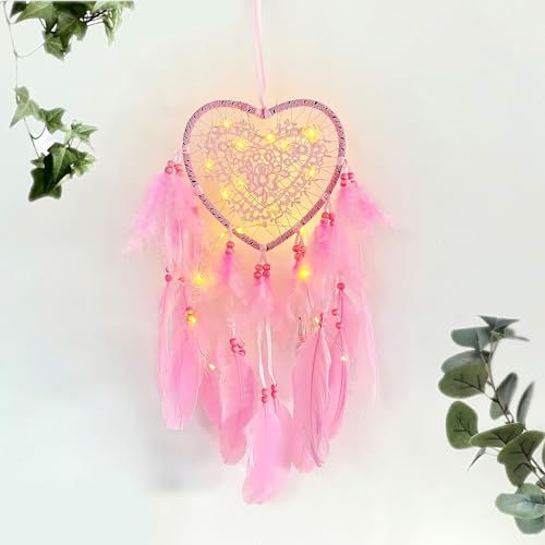 JZK Lace heart dream catcher with lights for girls women birthday, pink feather dream catcher with LED lights for baby kids bedroom decoration, wall hanging ornament, wedding gift von JZK