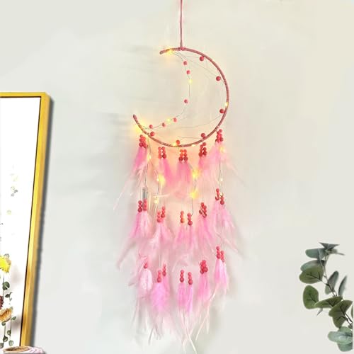 JZK Mond-Traumfänger mit Lichtern für Mädchen Frauen Geburtstag, rosa Feder und Perlen, Traumfänger mit LED-Lichtern für Baby Kinder Schlafzimmer Dekoration, Wandbehang Ornament, Hochzeitsgeschenk von JZK