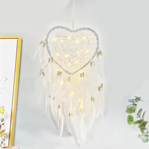 JZK Spitze Herz Traumfänger mit Lichtern für Mädchen Frauen Geburtstag, weiße Feder Traumfänger mit LED-Lichtern für Baby Kinder Schlafzimmer Dekoration, Wandbehang Ornament, Hochzeitsgeschenk von JZK