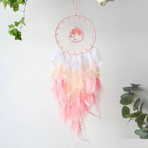 JZK Tree of Life Kristallsteine Baum des Lebens Weiß Rosa Feder Traumfänger mit Perlen für Mädchen Frauen Geburtstag Baby Kinder Schlafzimmer Dekoration Wandbehang Ornament Hochzeitsgeschenk von JZK