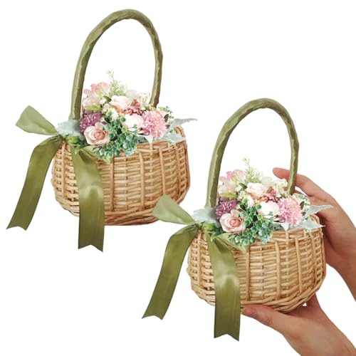 2pcs kleiner Korbkorb mit Griff, tragbare Ernte mit Bandbogen für Picknicks Obst Gemüseblumen organisieren von JZLEJC