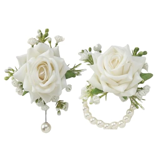 JZLEJC Handgelenk Corsage Set, Elegantes weißes Polyesterkünstigblumgelenk, Hochzeits-/Zeremonie/Jubiläumsblumendekoration von JZLEJC