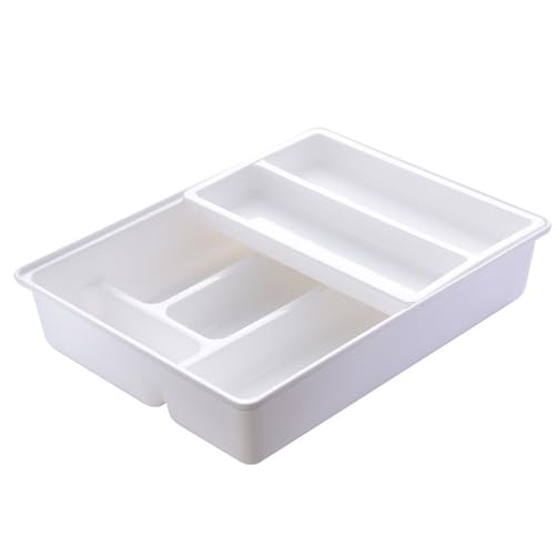 Küchenschubladen Organizer 10x12x2 2-layer-Silberwarenschale mit gleitbarem und abnehmbarem oberen Multi-Grid-Besteck für Lagerung, Weiß, Weiß von JZLEJC