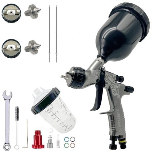 HVLP Spritzpistole, 1,3 mm/1,8 mm Edelstahl-Düse, Farbspritzpistolen-Set, 600 ml Farbbecher, 400 ml Mischbecher und Adapter, professionelle Schwerkraftzufuhr-Sprühpistole für Farbe und Lack von JZNTOOLS
