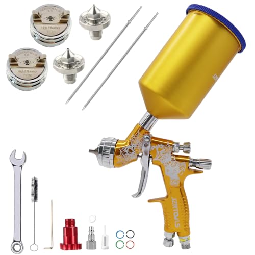 Professionelle HVLP Luftspritzpistole mit 1,3/1,8 mm Düsen & 750 cc Aluminium-Lackpistole, TE20 Autolacksprüher, geeignet für Grundierung, Lack und Decklack (Gold) von JZNTOOLS