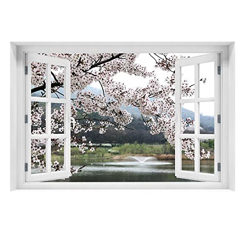 3D Effekt Fensteransicht Bilder Landschaft Gemälde. Kirschblütensee Vlies Leinwandbild mit Fensterblick. Panorama Kunstdruck.Leinwand Wandkunst bilder Für Wohnzimmer Dekor 80x120cm(32x47in)rahmenlos von JZSDGB