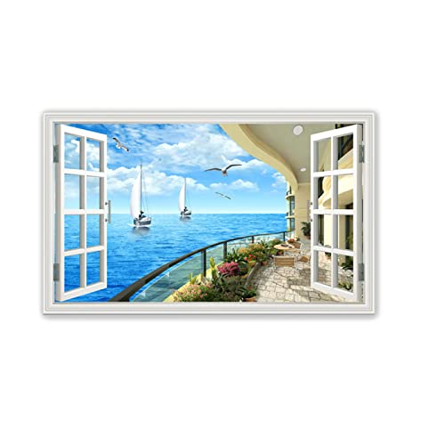 3D-Effekt Fensteransicht Bilder Landschaftsbilder Gemälde. Villa mit Meerblick bilder auf Leinwand Vlies Leinwandbild mit Fensterblick. Wandbilder 80x128cm(32x50in)Rahmenlos von JZSDGB