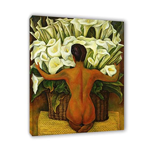 Diego Rivera Berühmte Kunst Gemälde Reproduktionen auf Leinwand Bereit zum Aufhängen Wandkunst(mit Calla-Lilien, 1944) Poster und Druck Blume Bilder 80x105cm(31x41in) Gerahmt von JZSDGB