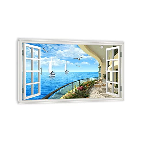 Gerahmt-3D-Effekt Fensteransicht Bilder Landschaftsbilder Gemälde. Villa mit Meerblick bilder auf Leinwand Vlies Leinwandbild mit Fensterblick. Wandbilder 80x128cm(32x50in)Gerahmt von JZSDGB