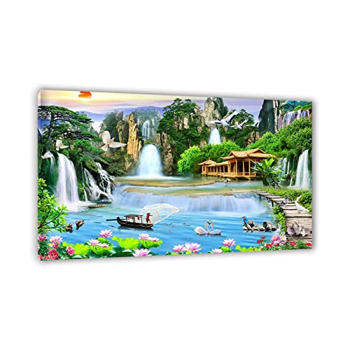 JZSDGB Gerahmt.Chinesisch Leinwandbild XXL-Bild auf Leinwand-LandschaftsBild Kunstdruck Auf Leinwand-Leinwand Wandkunst Bilder Malerei-Wasserfall Holzbrücke Schwan Poster und Druck 70x110cm(28x43in) von JZSDGB