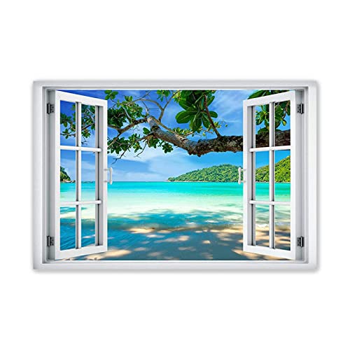 JZSDGB Mit Rahmen LeinwandBilder.3D-Effekt Fensteransicht Bilder Landschaftsbilder Gemälde.Tropical Island ​​Strand bilder auf Leinwand mit Fensterblick.Wandbilder 80x120cm(31x47in) Gerahmt von JZSDGB