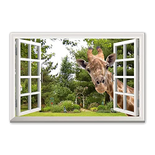 Mit Rahmen LeinwandBilder.3D-Effekt Fensteransicht Bilder Landschaftsbilder Gemälde.Ein neugieriges Giraffen-Klebetier bilder auf Leinwand mit Fensterblick.Wandbilder 90x135cm(35x53in)Gerahmt von JZSDGB