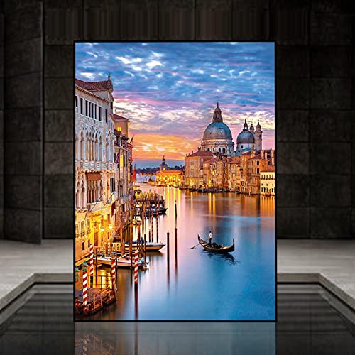 Nachtansicht Venedig Panorama Leinwand Bild-Moderne Landschaft Kunstdruck -Leinwand Wandkunst Venedig Bilder,für Wohnzimmer Deko Gemälde-Wandbilder Druck auf Leinwand 60x80cm (24x32in) rahmenlos von JZSDGB