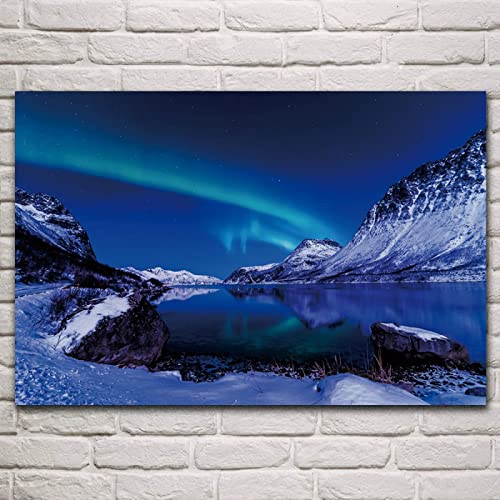 Winterlandschaft Kunstdruck-Aurora borealis Bilder-Schöner Winter Island Aurora Borealis,Panorama Gemälde Druck auf Leinwand-Leinwand Wandkunst Bilder 80x128cm(32x50in)rahmenlos von JZSDGB