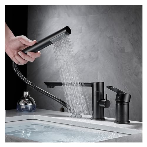 JZWCHQ Goldia Wasserhähne aus gebürstetem Gold, weitverbreitete Beckenarmaturen aus massivem Messing, 3 Öffnungen mit schwarzem Spray, einfache Installation von JZWCHQ