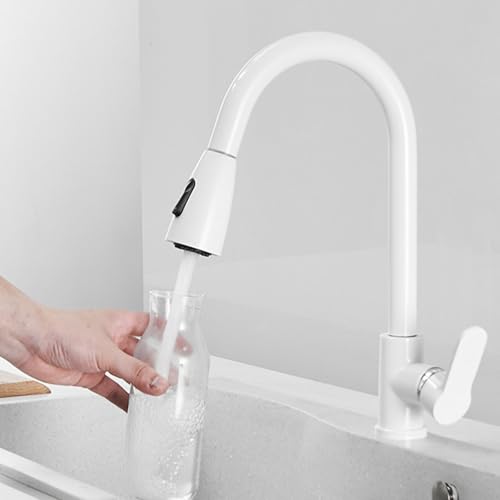 JZWCHQ Küchenspüle-Armaturen mit herausziehbarem Brause, weiß, Küchenarmaturen, ausziehbar, Messing, heißes und kaltes Wasser, Einhebel-Spültischarmatur, Weiß von JZWCHQ