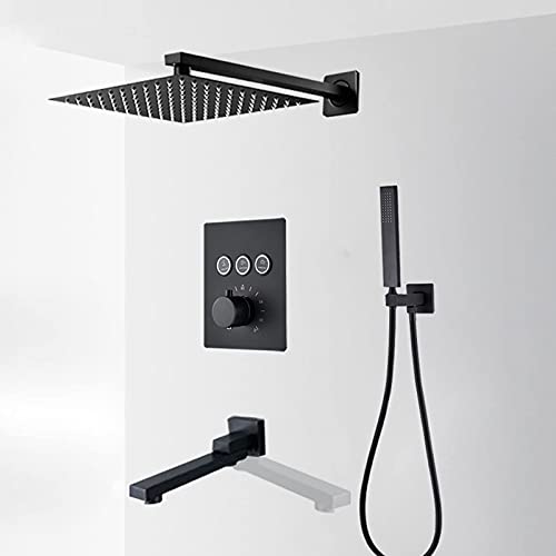 JZWCHQ Thermostatisches Badezimmer-Duscharmatur-Set, schwarz, quadratisches Regenduschkopf-System mit Handbrause und Wannenauslauf, wandmontierter Badewannenhahn, 25,4 cm, 30,5 cm JZWCHQ Thermostatisches Badezimmer-Duscharmatur-Set, schwarz, quadratisches Regenduschkopf-System mit Handbrause und Wannenauslauf, wandmontierter Badewannenhahn, 25,4 cm, 30,5 cm von JZWCHQ