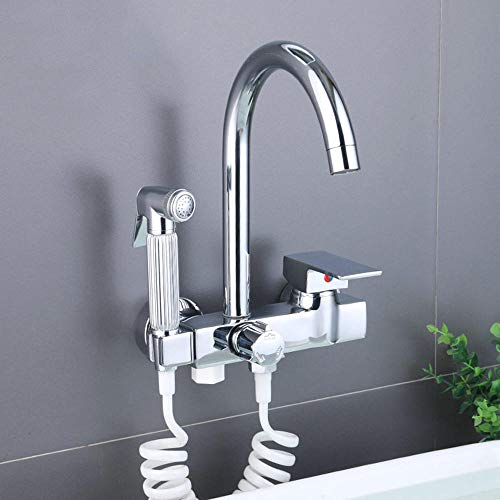 JZWCHQ Wandmontierter Küchenmischer, mit Sprühpistole, Kupfer für Küchenspüle, Waschspüle, Doppelgriff, heiß und kalt, Wasserhahn, Chrom, Einzelmodus a von JZWCHQ