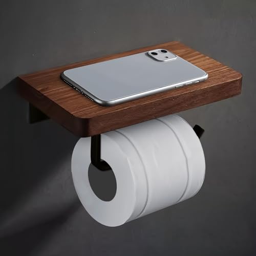 Toilettenpapierhalter Ohne Bohren, Klopapierhalter Mit Ablage, Bohren Und Selbstklebend, Wandmontage Klorollenhalter Für Badzimmer& Küche, Modern Hölzern Toilet Paper Holder (Flacher Stil) von JZWLW