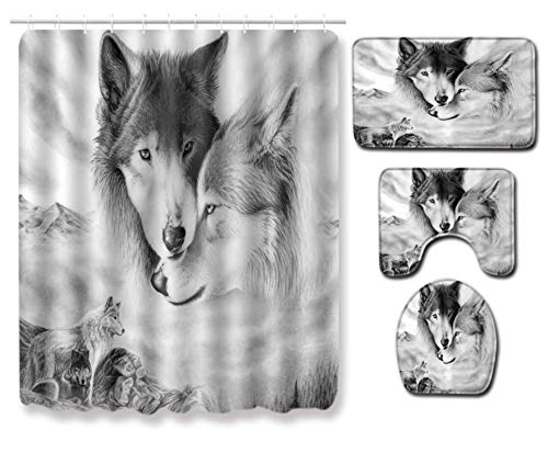 JZZCIDGa Bad Teppiche Skizze Wolf Set Sockel Teppich Deckel Toilettendeckel Badematte Wasserdicht Duschvorhang Bad 4-Teiliges Set von JZZCIDGa