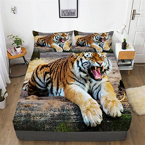 JZZFBW Brauner Tiger 3D Spannbettlaken 180x200cm Extra Weiches Bedrucktes Bettlaken Atmungsaktiv Spannbetttücher Mikrofaser Spannbetttuch - Tiefe Tasche 30 cm Mit 2 Kissenbezügen 80x80cm von JZZFBW