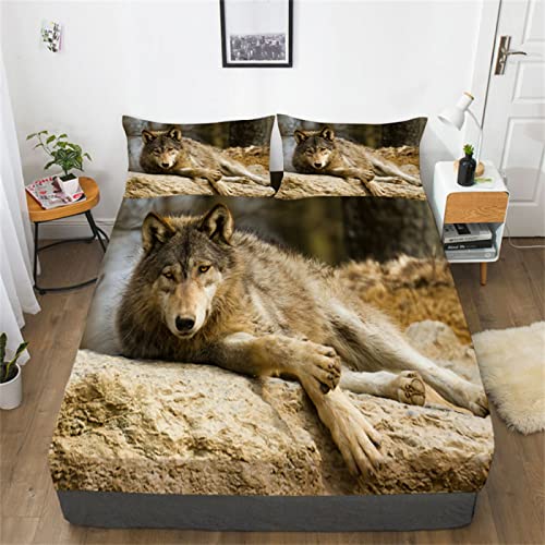 Gelblicher Wolf 3D Spannbettlaken 120x200cm Extra Weiches Bedrucktes Bettlaken Atmungsaktiv Spannbetttücher Mikrofaser Spannbetttuch - Tiefe Tasche 30 cm Mit 2 Kissenbezügen 80x80cm von JZZFBW