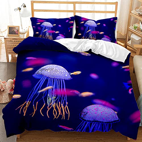 JZZFBW Bettwäsche Dunkelblaue Qualle 3D Effekt Bettwäsche-Set Kuschlig Weich & Bügelfrei Bettbezug 1 x Bettbezug 240x260 cm + 2 x Kissenbezug 80x80 cm für Ferienhaus Camping von JZZFBW
