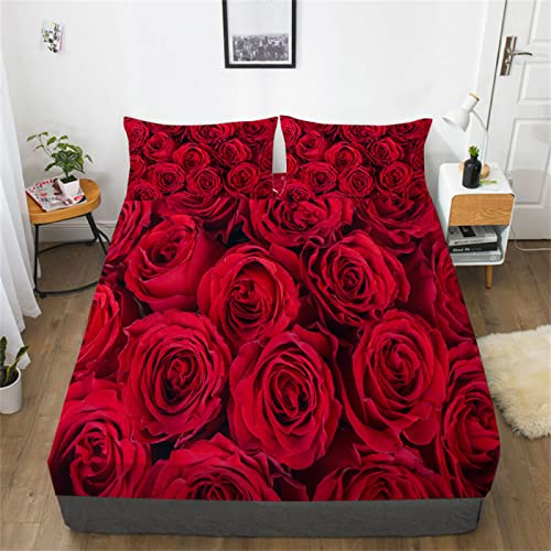 Rote Schöne Rosen 3D Spannbettlaken 200x200cm Extra Weiches Bedrucktes Bettlaken Atmungsaktiv Spannbetttücher Mikrofaser Spannbetttuch - Tiefe Tasche 30 cm Mit 2 Kissenbezügen 80x80cm von JZZFBW