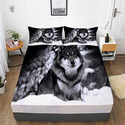 Weißer Wolf 3D Spannbettlaken 180x200cm Extra Weiches Bedrucktes Bettlaken Atmungsaktiv Spannbetttücher Mikrofaser Spannbetttuch - Tiefe Tasche 30 cm Mit 2 Kissenbezügen 80x80cm von JZZFBW