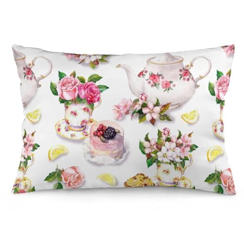 JZemdybill Kissenbezug, Kuchen- und Teekanne, Blumenmuster, rechteckig, Plüsch-Kissenbezug für Couch, Schlafzimmer von JZemdybill