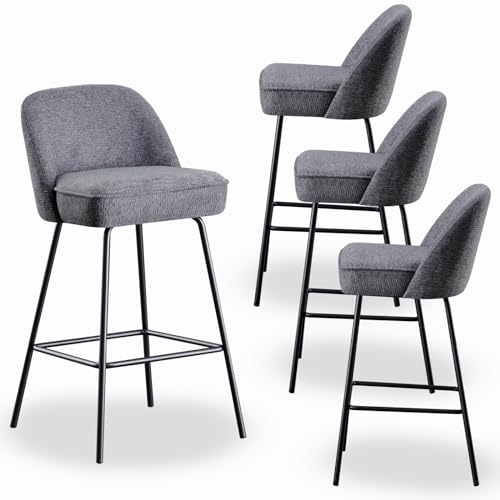 JaHECOME 4er-Set Barhocker mit lehne, Barstuhl mit gepolsterter Sitz und Federkern, Sitzfläche aus Leinen und Textilen Metallbeine für Bar, Theke Esszimmer, Café und Bistro (4, Grau) von JaHECOME