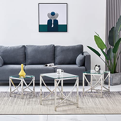JaHECOME 3er Set Couchtisch Beistelltisch Satztisch aus Edelstahlgestell und Hartglas für Wohnzimmer modernes Design Sofatisch (Transparentes Glas) von JaHECOME