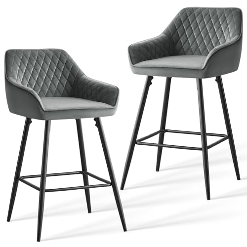 JaHECOME Barhocker Tresenhocker Bistrohocker 2er Set Samt-gepolsterte Barstühle mit Armlehne, modischer Hocker mit schwarzen Metallbeine für Küche, Bistro und Counter (grau, 2) von JaHECOME