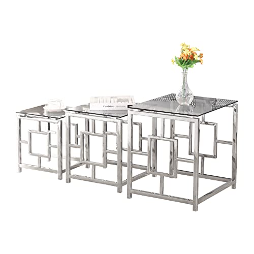 JaHECOME Satztisch 3er Set Couchtisch Beistelltisch aus Edelstahlgestell und Hartglas für Wohnzimmer modernes Design Sofatisch (Silber Graues Glas Set of 3) von JaHECOME