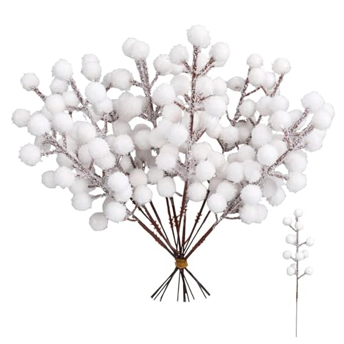 Jaarssho 20 Stück Weiß Beeren Deko Weihnachten,Beerenzweig Künstlich,Gefälschte Zweige Stechpalme Deko 22 cm Länge, Leuchtende Farben,Dekoration für Weihnachten,Hochzeit,Handwerk und Heimornamente von Jaarssho