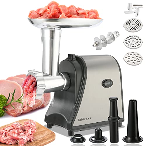 Elektrischer Fleischwolf Wurstfüller Fleischhackfleisch 2000 W 5in1: für Fleisch, Kebbe, Gemüse, Salat, Spritzgebäck | Vor-und Rücklauf | 2 Leistungsstufen von Jabtraxx