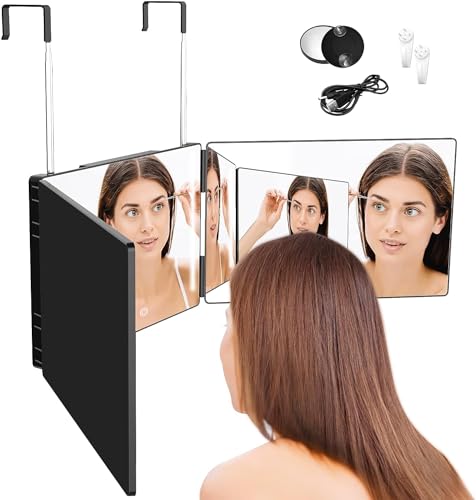 Jacgood 360 Grad Spiegel - Klappspiegel 3 Teilig Spiegel Haare Selbst Schneiden, Höhenverstellbarer Kosmetikspiegel Rasierspiegel Friseurspiegel für Makeup Rasieren Frisieren-Mit LED von Jacgood