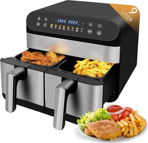 Jacgood 9L Intelligenter Heißluftfritteuse, mit 2 Körben Digitale Luftfriteuse, 1800W xxl Heißluftfritteuse, Digitales Bedienfeld Temperatur Und Backsteuerung, 8-Voreingestellten Menüs von Jacgood