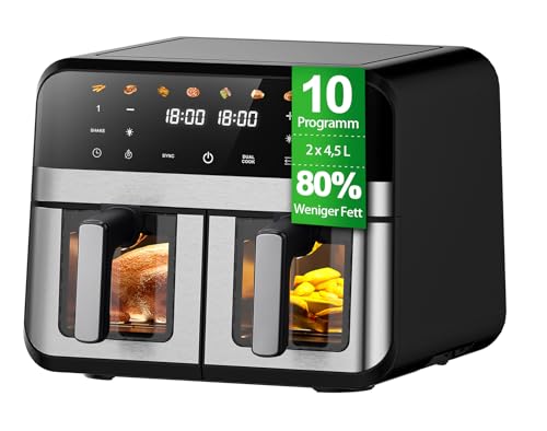 Jacgood 9L XXL Doppelkammer Heißluftfritteuse mit 2 Körben, 8 Programmen & Smart Finish – Dual Zone Airfryer, Touchscreen, Timer, fettarm & ölfrei Jacgood 9L XXL Doppelkammer Heißluftfritteuse mit 2 Körben, 8 Programmen & Smart Finish – Dual Zone Airfryer, Touchscreen, Timer, fettarm & ölfrei von Jacgood